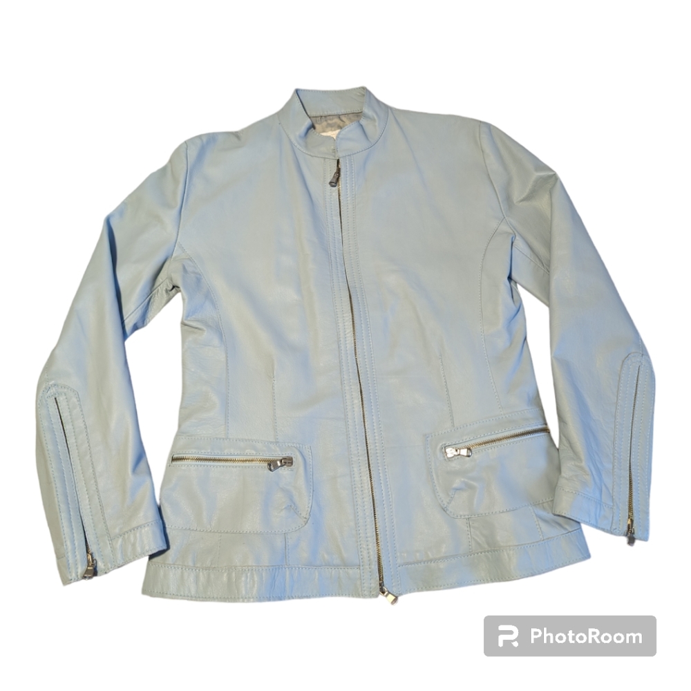 1973 Vintage Vera Pelle Sky Blue Leather Jacket - Medium/Large - Italian - Picture 1 of 16